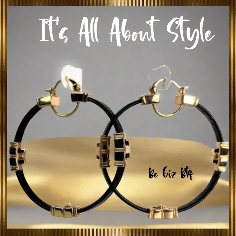🆕 Authentic Tory Burch Gold Black Serif T & Leather Hoop Earrings - Picture 5 of 7